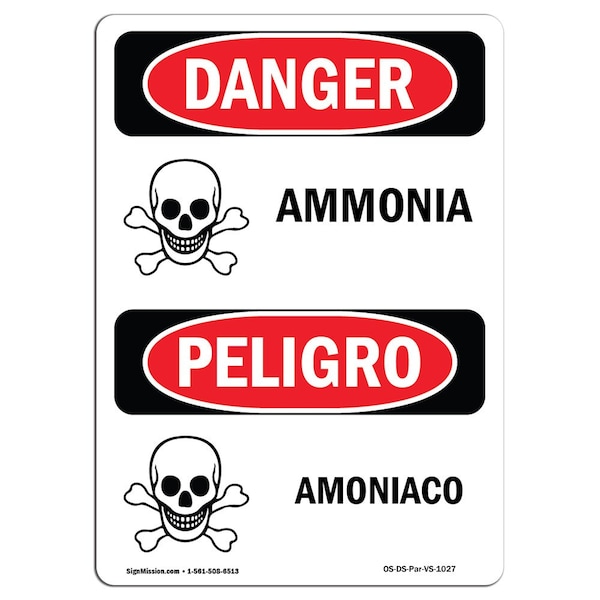 Safety Sign, OSHA Danger, 5" Height, Ammonia, Bilingual Spanish, 10PK